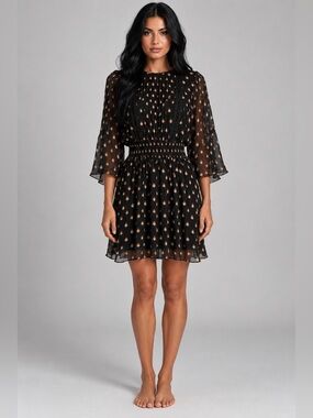 Diane Von Furstenberg Black Mini Dress with Gold Accent and Sheer Bell Sleeves